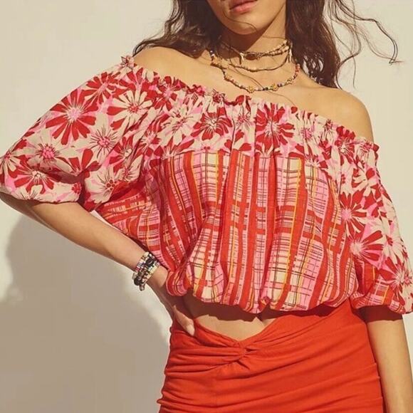 Free People Pink Felicity Cropped Linen Blend Off Shoulder Top Sz XS NWOT - Picture 1 of 11